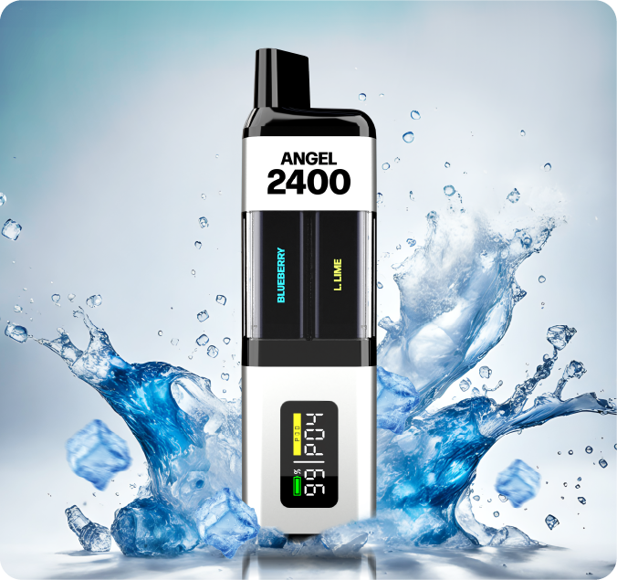 A silver edition Angel 2400 rechargeable vape device showing Blueberry and Lime pod