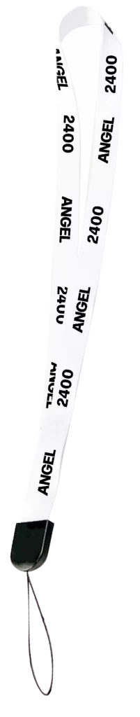 A white strap lanyard written with angel 2400 on it