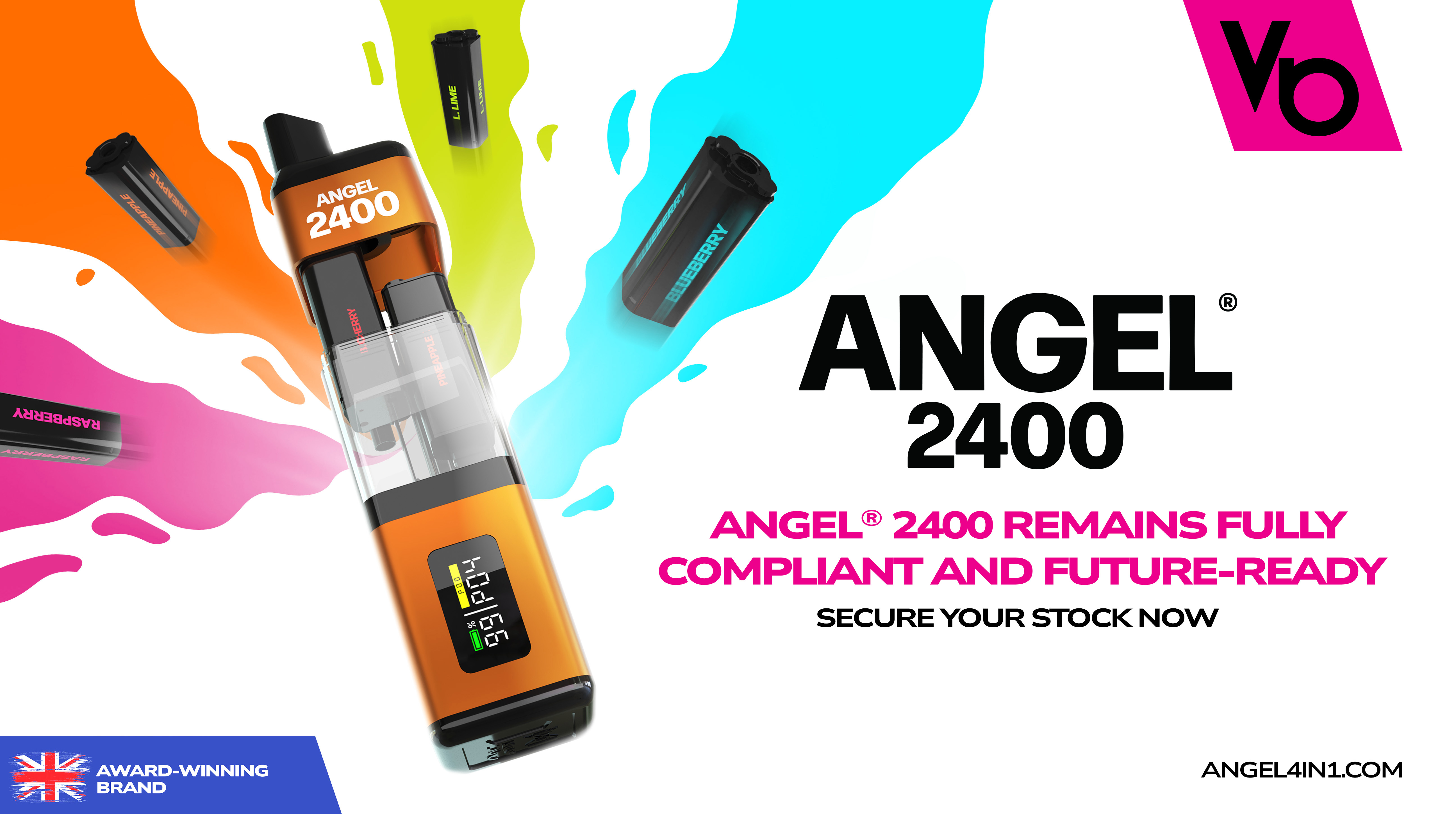 Angel 2400 Remaing Fully Compliant and Future Ready text written on a white background with a orange edition angel 2400 vape device for the blog cover