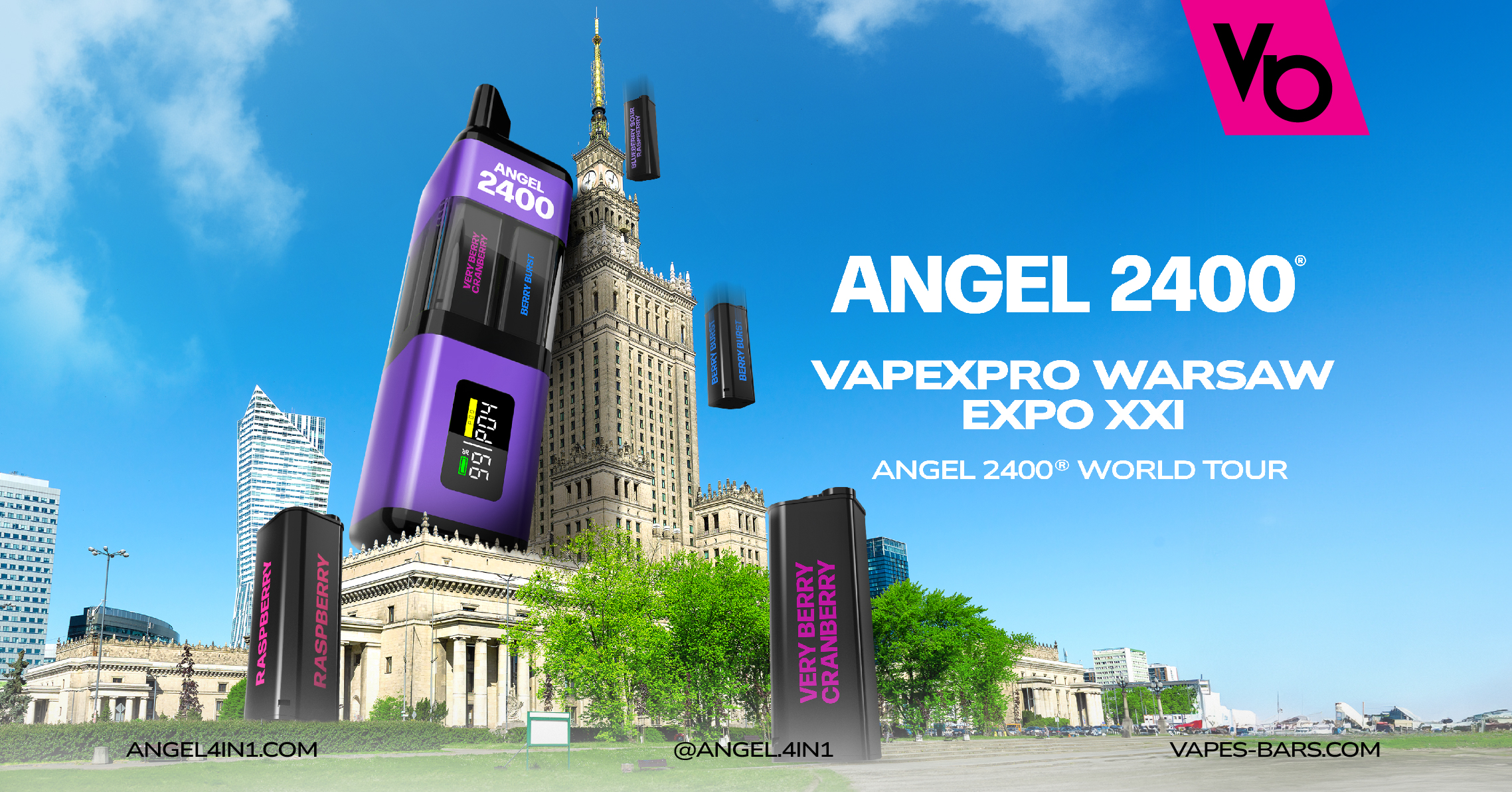 A Raspberry Angel 2400 Vape Device slaying to a Building in a Poland Warsaw 2024 World Tour