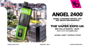 The biggest expo yet to happen in Birmingham text written on a White background and next to that a angel 2400 Lime Editon vape device