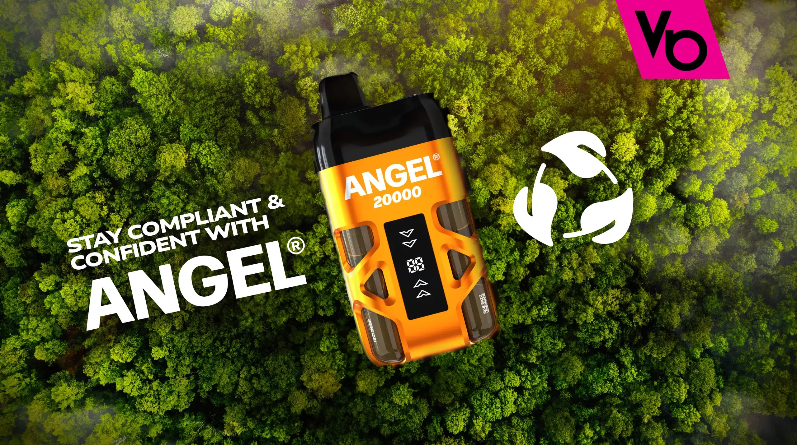 Angel® 20K device showcased above a bed of trees, showing Angel®’s commitment to sustainability