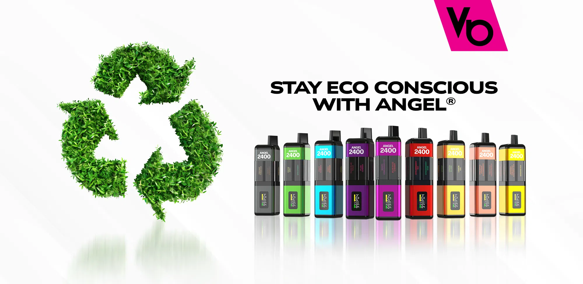 An array of Angel® 2400 devices next to the reduce reuse recycle symbol.